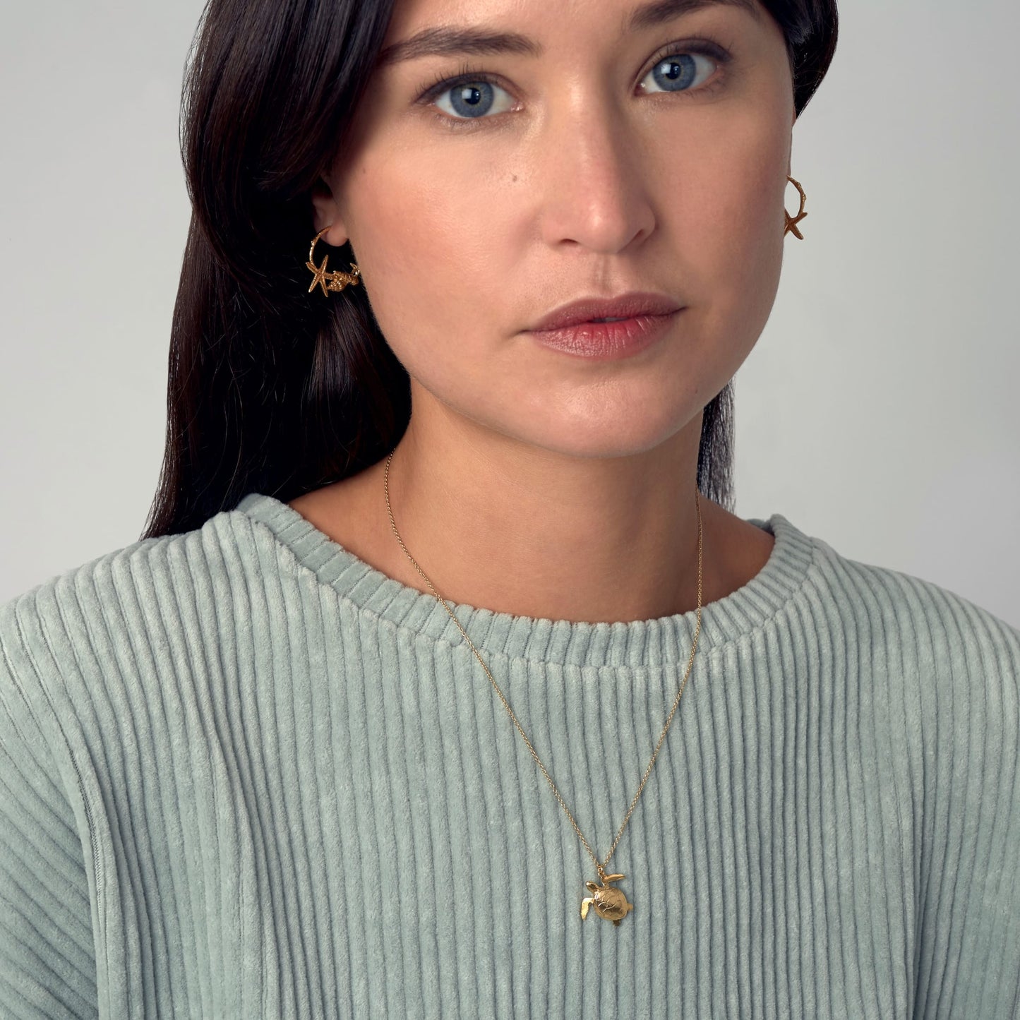 Alex Monroe Sterling Silver Sea Turtle Necklace worn by a model