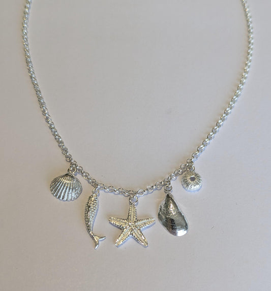 Sterling Silver sea Shell five Charm Necklace