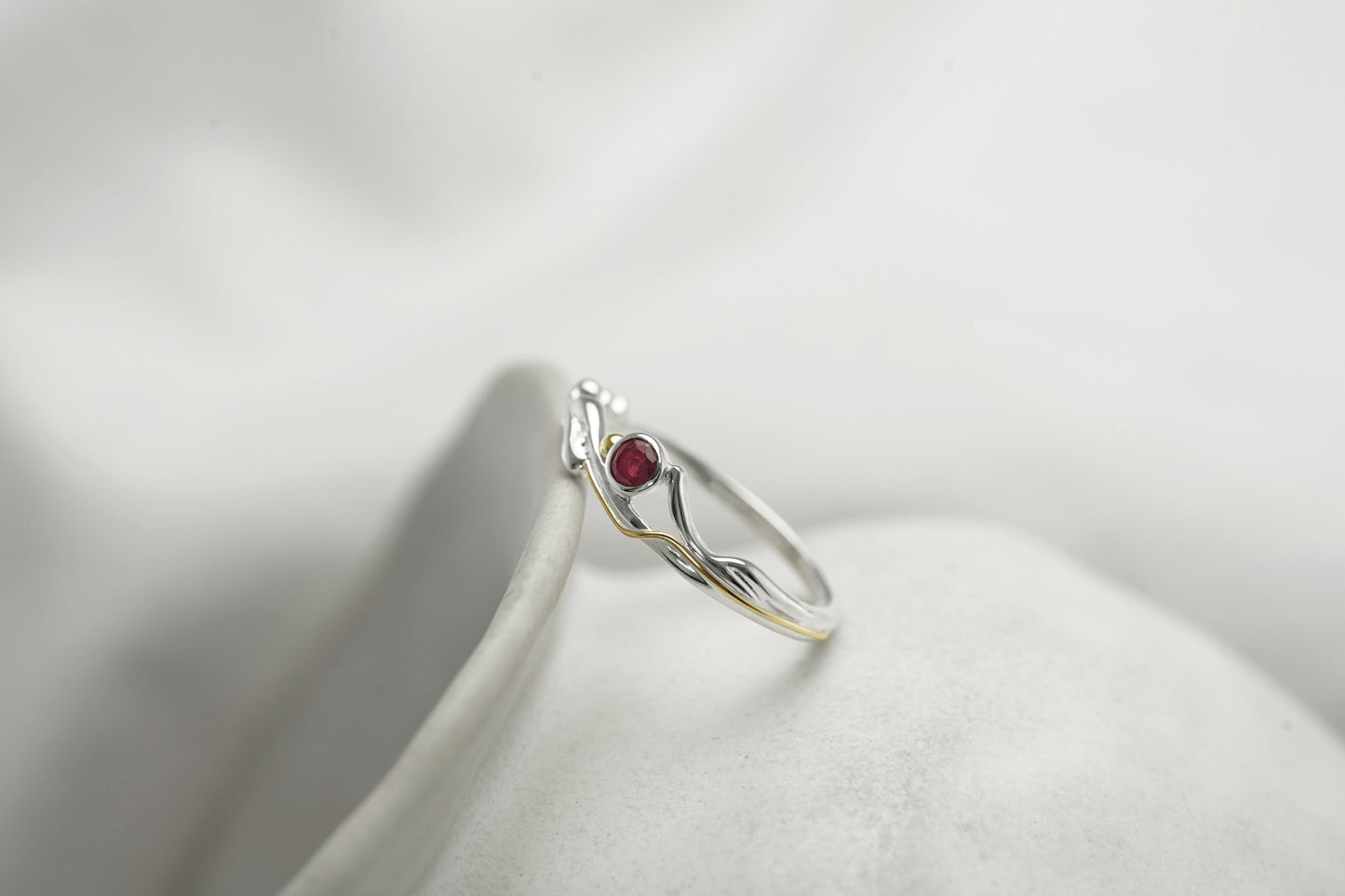 Silver ring with a red gemstone on a white background
