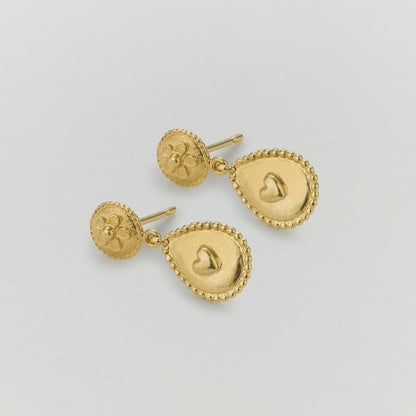 Alex Monroe Silver & Gold Vermeil Love of Nature Heart & Flower Drop Earrings