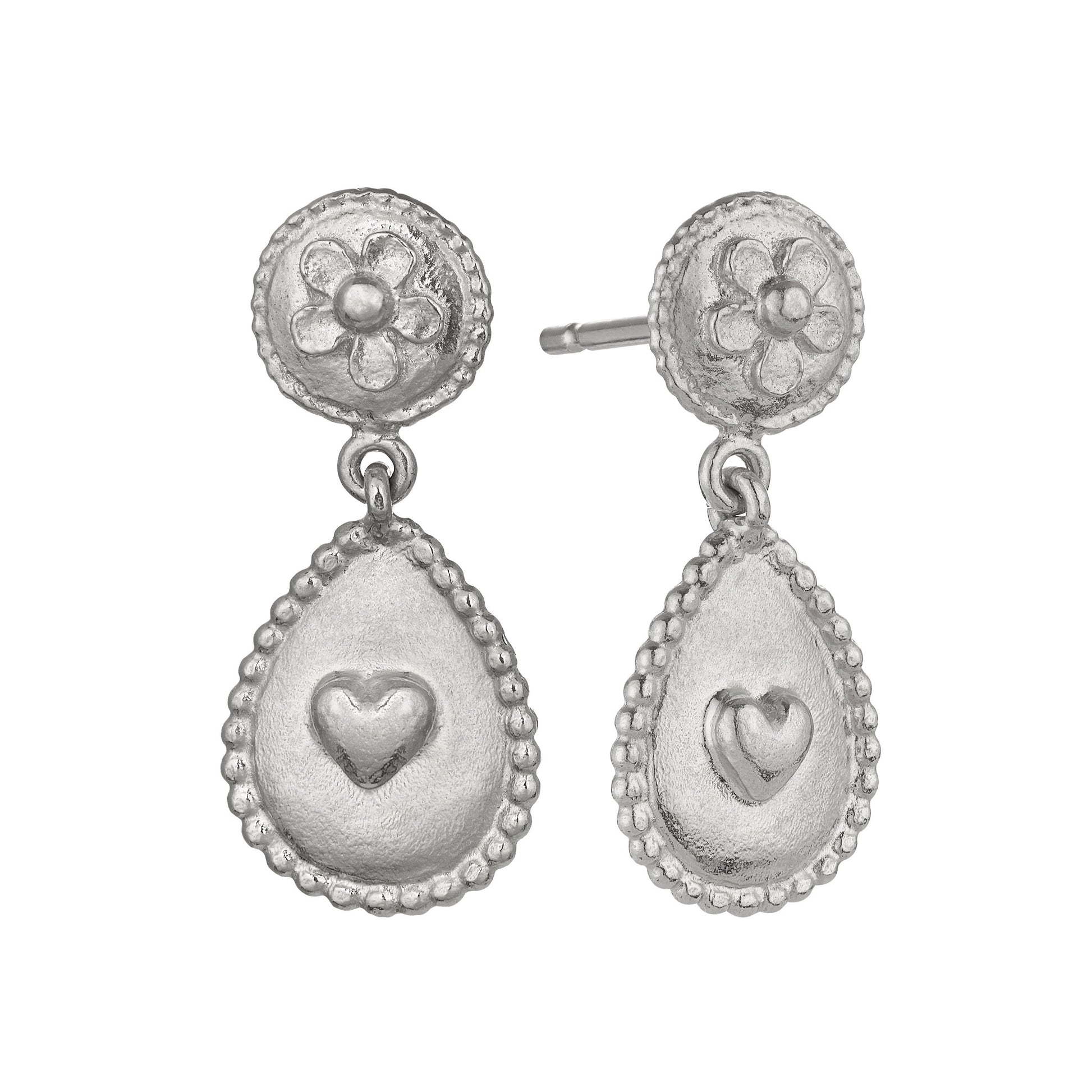 Alex Monroe Sterling Silver Love of Nature Heart & Flower Drop Earrings